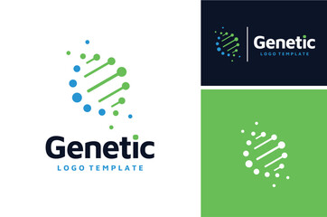 Simple Modern DNA genetic helix chains symbol with spiral dots for biology science logo design