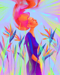 Illustration of a girl among strelizia flowers - 624503910