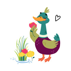 Funny Dabbling Duck Character Smell Flowers Vector Illustration