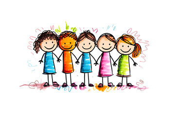 Hand-drawn children holding hands with colorful dresses and playful smiles