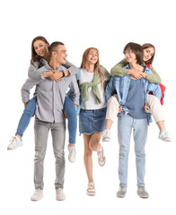 Group of teenage students on white background