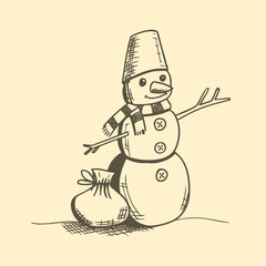 A snowman with a bucket on his head and a scarf around his neck and a bag of presents beside him hand drawn sketch vector illustration.