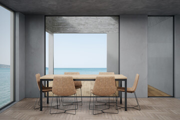 Dining room with table and chairs. 3d rendering of interior space with sea and sky background.