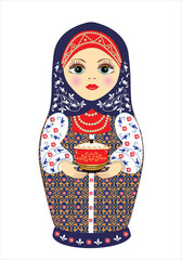 Russian nesting doll on a white background in national clothes. Beautiful and cheerful wooden doll. He holds a pot in his hands. Souvenir. Present. Sample. Vector illustration 