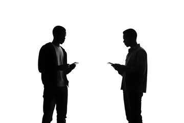 silhouette of people standing with smartphone in the hand on a white background