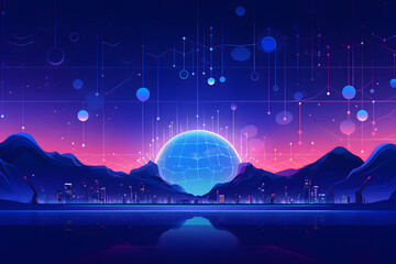 Radiant blue globe illuminates digital mountains with neon skies and reflections