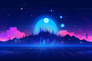 Blue moon over digital city with glowing neon clouds and grid ground