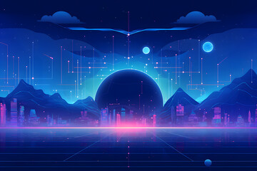 Futuristic landscape with glowing horizon, mountains, and digital sky