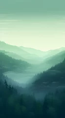 Deurstickers Mistige ochtendstond Gradient calming nature foggy forest view phone wallpaper background, ai generated