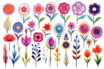 Collection of vibrant flowers and leaves in a whimsical artistic style