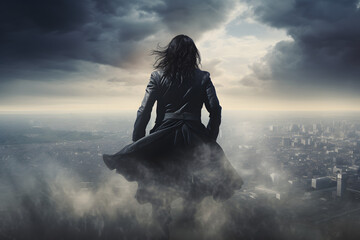 Female silhouette seated on a cloud above an urban landscape