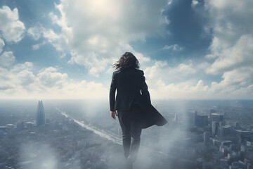 Man stands on cloud overlooking city beneath clear blue sky