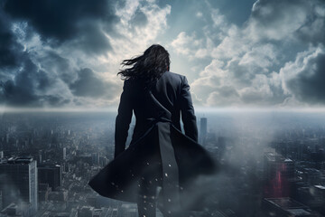 A man hovers above a city with a dramatic sky in the background