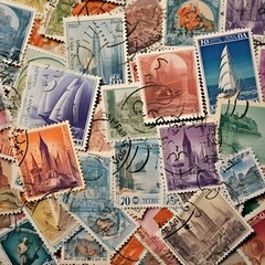 an image depicting multiple international postage stamps: