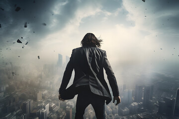 A man overlooks a cityscape as debris floats around him