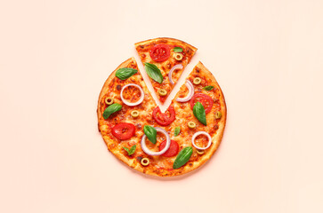 Tasty pizza with olives, tomatoes and basil on beige background