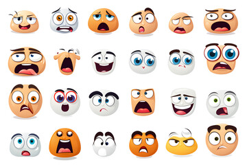 Assortment of expressive cartoon face designs on a white backdrop