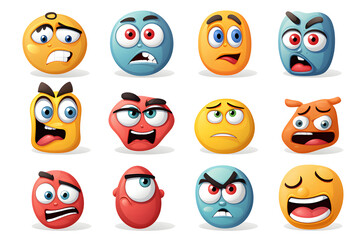 Variety of colorful animated emotive faces against a white background