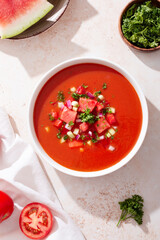 Spanish tomato and watermelon gazpacho cold soup styled and decorated in white plate with ingredients on concrete table in hard light with shadows, top view