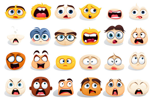 set of funny cartoon faces and logos and emojis
