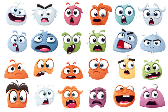 Assortment of cartoon monster faces with diverse expressions on a white background
