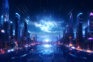 A futuristic city street under a radiant sky at night