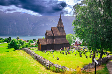 Ornes, Norway - July 4th, 2023: The Urnes stave Church in the village of Ornes. A UNESCO world heritage site
