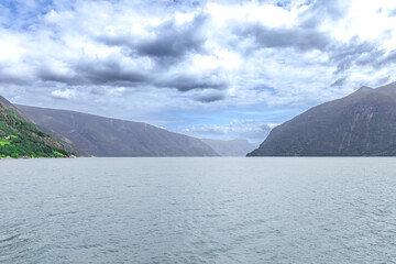 Lustrafjorden, Norway - July 4th, 2023: Landscape from the ferry ride between Ornes and Solvorn, Southern Norway