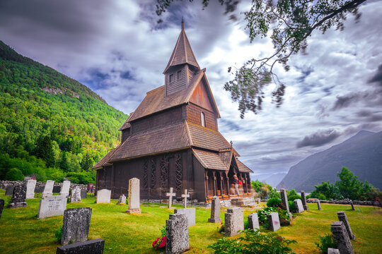 Ornes, Norway - July 4th, 2023: The Urnes stave Church in the village of Ornes. A UNESCO world heritage site