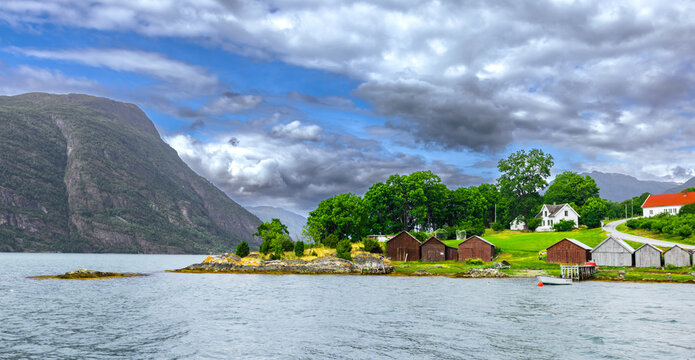 Lustrafjorden, Norway - July 4th, 2023: Landscape from the ferry ride between Ornes and Solvorn, Southern Norway