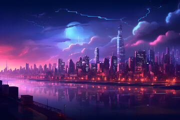 Futuristic cityscape under stormy sky with glowing river reflections