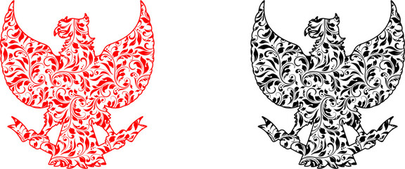 garuda logo (black & red) silhouette with floral pattern on transparent background