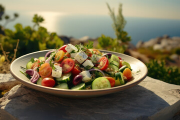 Greek salad on the background of the sea. AI generative.