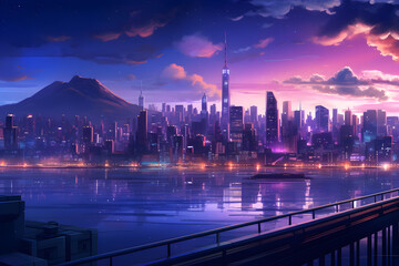 City skyline at sunset with mountain backdrop and glowing waterfront