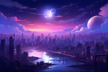 A city skyline under a moonlit sky with a river reflecting the pinkish-purple hues