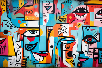 street art graffiti with doodle faces, colorful geometric background, AI generated