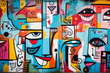 Foto op Plexiglas street art graffiti with doodle faces, colorful geometric background, AI generated © World of AI