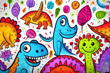 Bright and detailed cartoon dinosaurs with a patterned background
