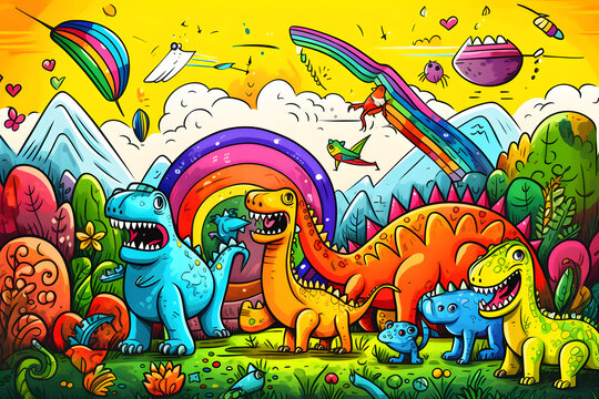Bright cartoon dinosaurs in a magical landscape with rainbows