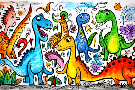 Colorful cartoon dinosaurs with whimsical scenery