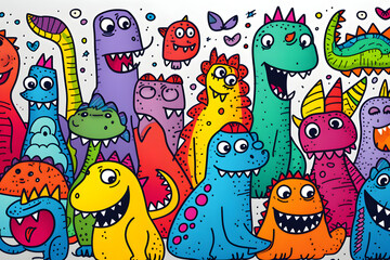 Various cartoon dinosaurs with multiple expressions and colors