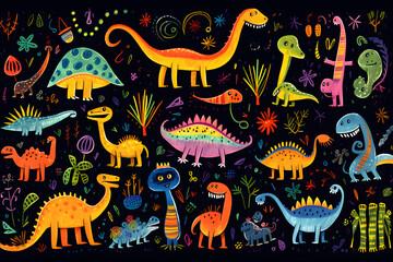 wallpaper with painted colorful funny cartoon dinosaurs and monsters on a black background