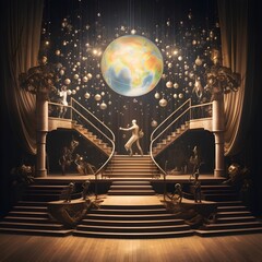 The image embodies the phrase "all the world's a stage" as it portrays the essence of life's theatricality, where individuals play diverse roles on a universal stage, engaging in the drama, emotions, 