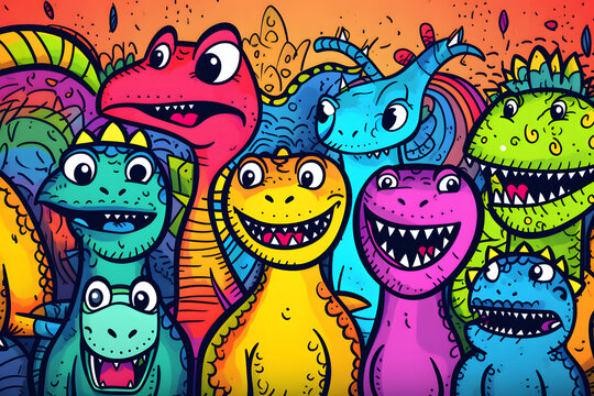 Dinosaurs painted by childrenIllustration of colorful dinosaurs with playful patterns on orange background