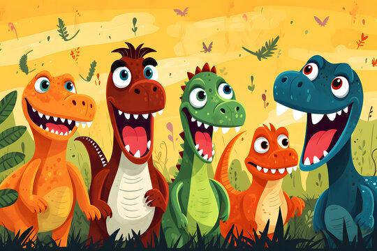 Group of friendly dinosaurs standing together with a sunset backdrop