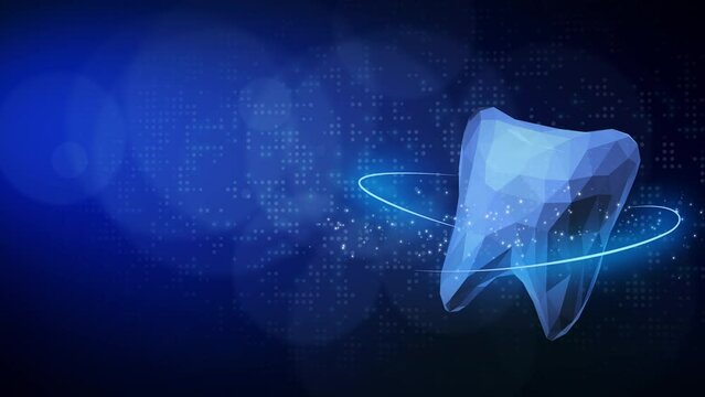Dental protection of teeth. 3D tooth in polygonal style with circular glowing lines. Abstract medical looped blue background with dots.