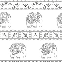 Seamless vector pattern hand drawn of doodle cartoon elephants with ethnic ornaments.