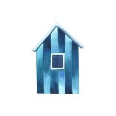 Blue wooden striped cabin beach cabana in scandinavian style. Watercolor illustration hand drawn in children's style. Isolated object on a white background.