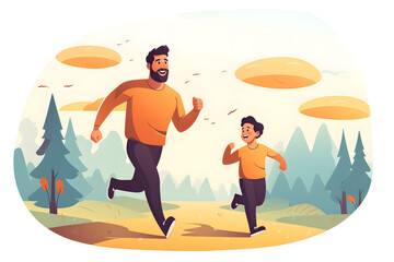 father with son running and spending happy outdoor quality family time together on father's day illustration