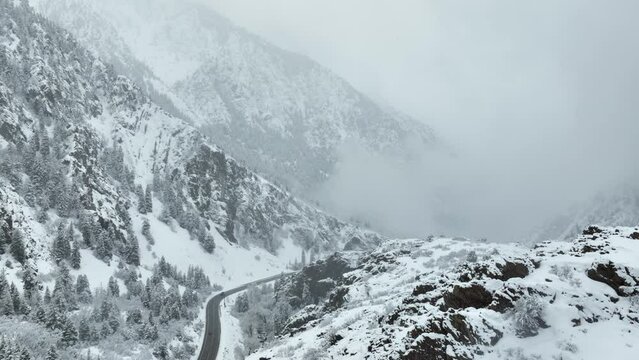 Aerial shot of the rugged terrain in the Big Cottonwood Canyon near Salt Lake City, Utah.